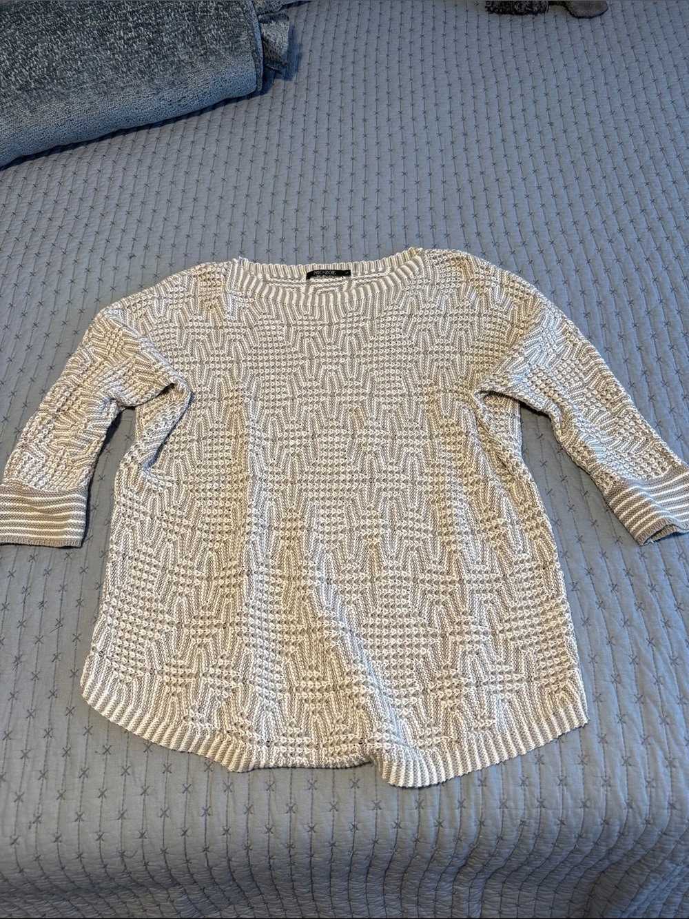 NIC+ZOE Cream Textured 3/4 sleeve Open-Knit Scoop Neck Sweater
